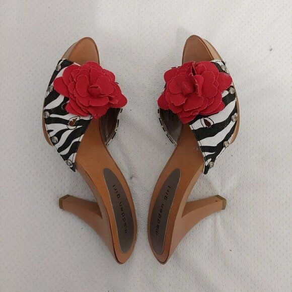 Madden Girl Kizzez Zebra Print Red Flower Fabric Canvas Sandals Heels Size 7 - Picture 5 of 8